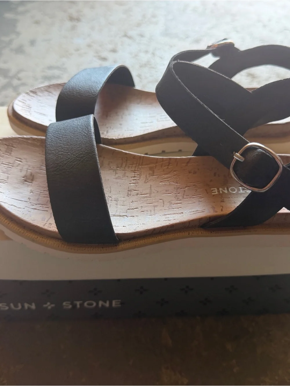 “New” Sun & Stone Black Strappy Cork-Platform Sandals size3